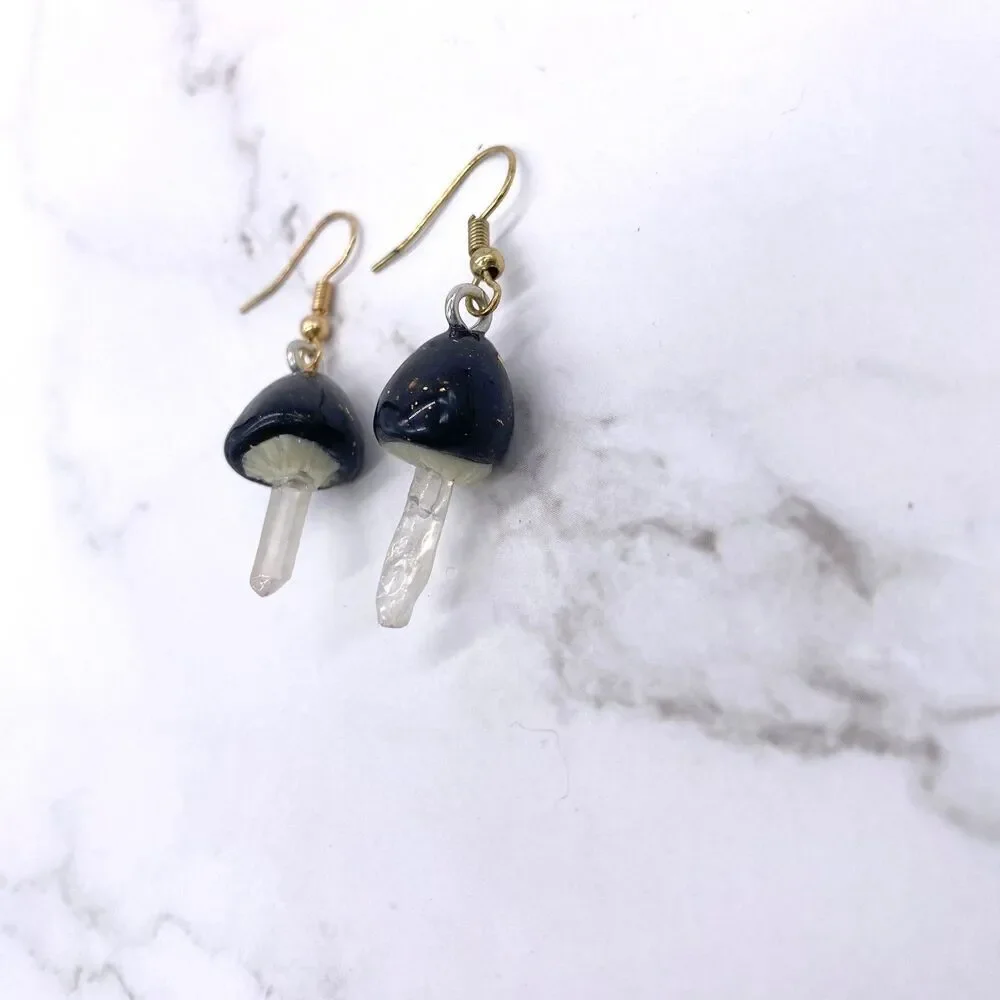 Black Mushroom Quartz Crystal earrings